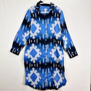 Chico's Linen Ikat Print Linen Tunic Size 1 Blue and White Breezy Button-down